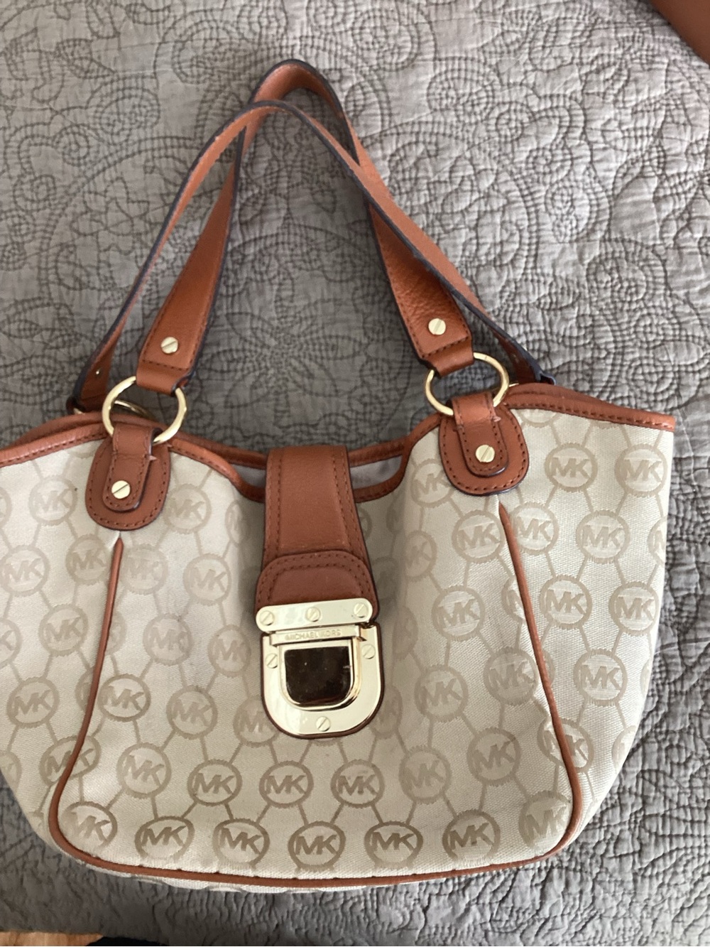 Michael Kors Cream & Tan MK Logo Shoulder Bag with Gold Hardware